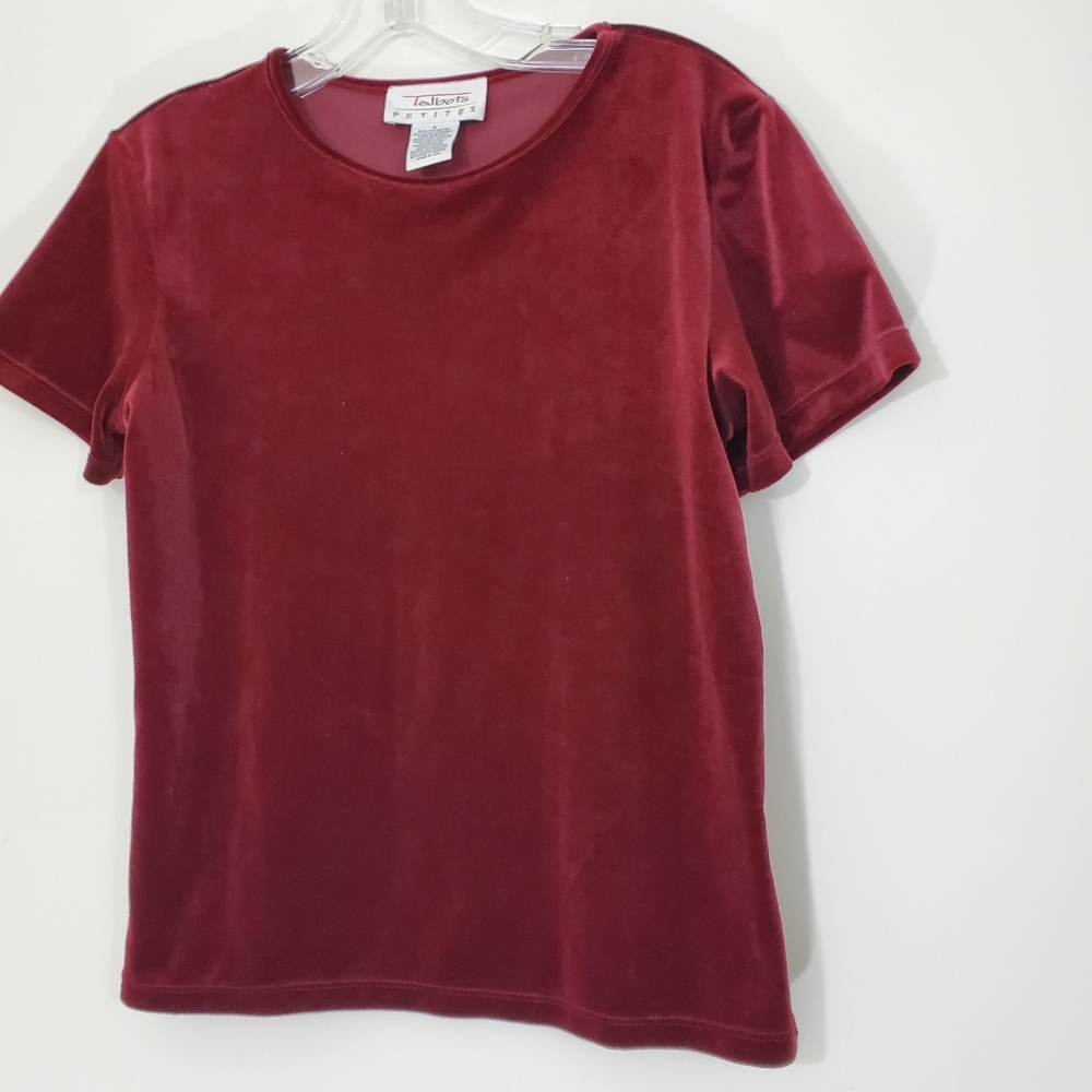 Talbots Petites Wine Short Sleeve Velvet Blouse, Size Small
